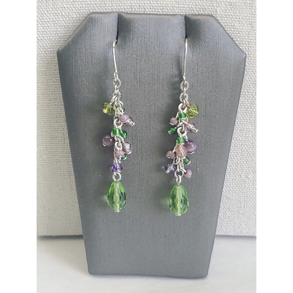 Boho Whimsical Fairy Multicolor Beaded Dangle Drip Hook Earrings Green & Purple
